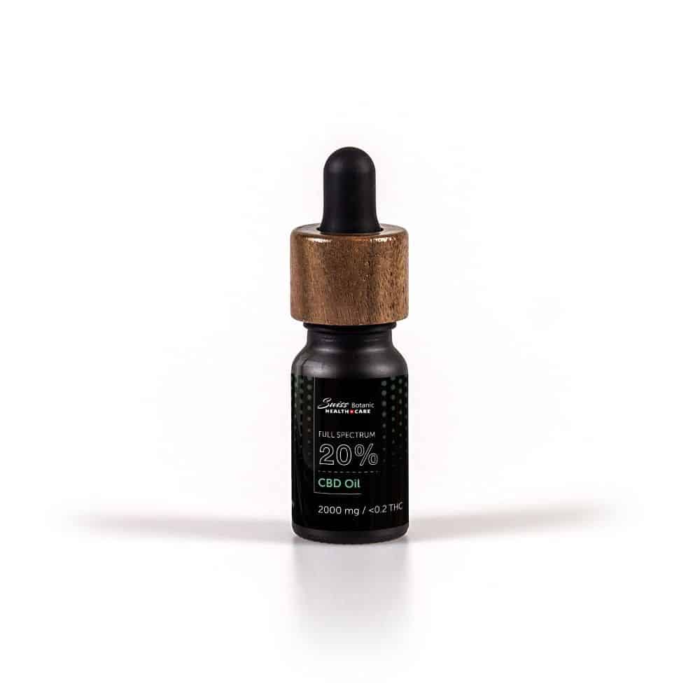 A bottle of CBD Oil 20% Full Spectrum on a white background, available to buy online in France.
