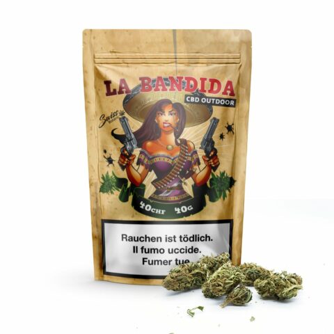 A bag of outdoor bandida cbd flowers with a photo of a woman holding a gun, ideal for cbd oil enthusiasts in france.
