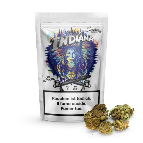 A bag of outdoor indiana cbd flowers with a white background, highlighting the cbd.