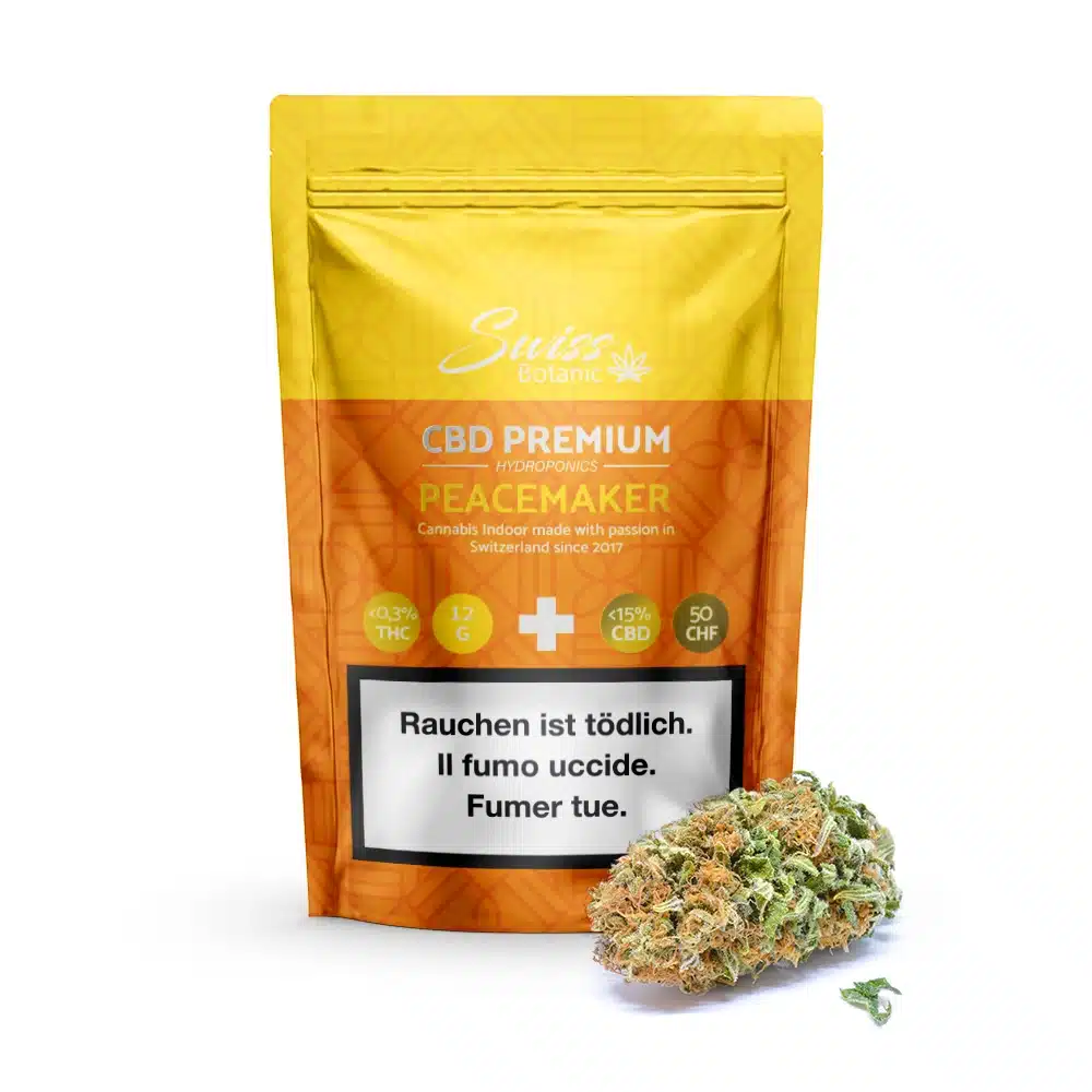 A bag of Peacemaker indoor CBD flowers - <0.3% THC with a pacifying touch.