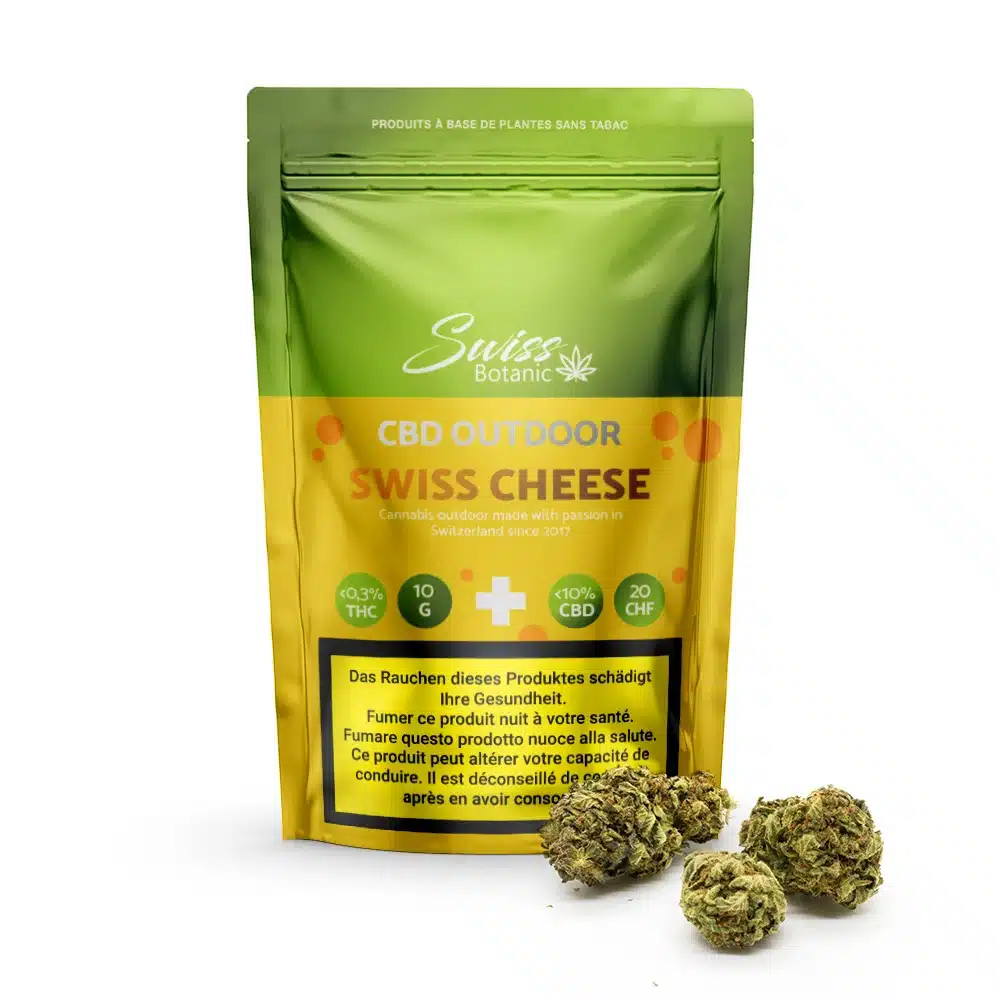 Un sachet vert et jaune étiqueté "Fleurs de CBD Outdoor Swiss Cheese - 0,3% THC" se tient debout à côté de trois bourgeons de cannabis séchés Swiss Cheese.