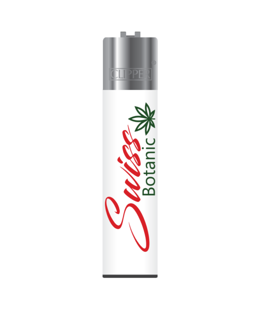A Clipper Swiss Botanic lighter with the word cbd on it.