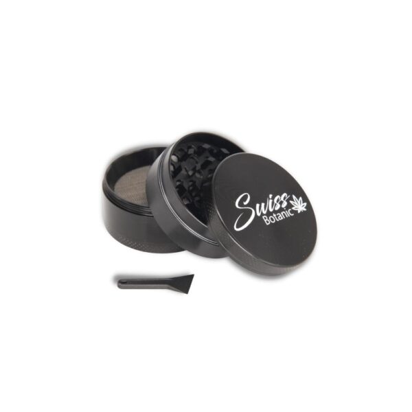 A black box with a black lid and a black brush, containing cbd products from grinder swiss botanic.
