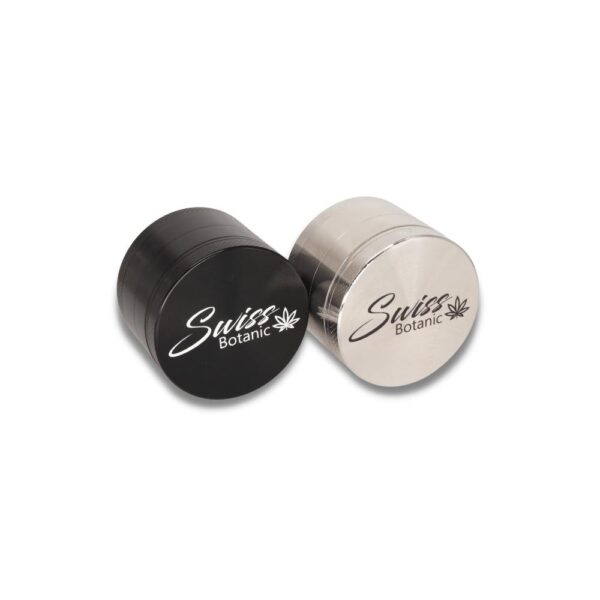 Two black and silver swiss botanics grinders with cbd on a white background.