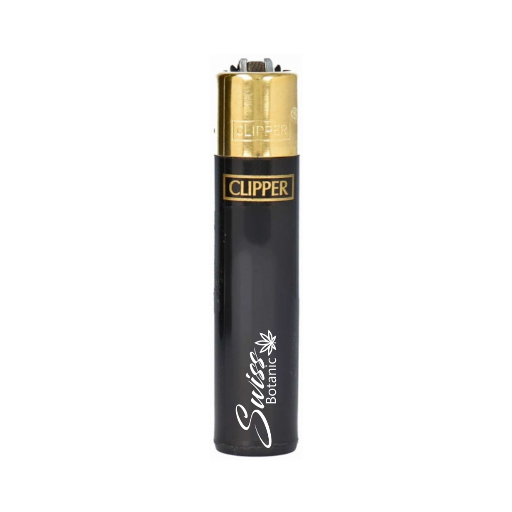 Elegant black Clipper Swiss Botanic lighter featuring a gold top and the Swiss Botanic logo.
