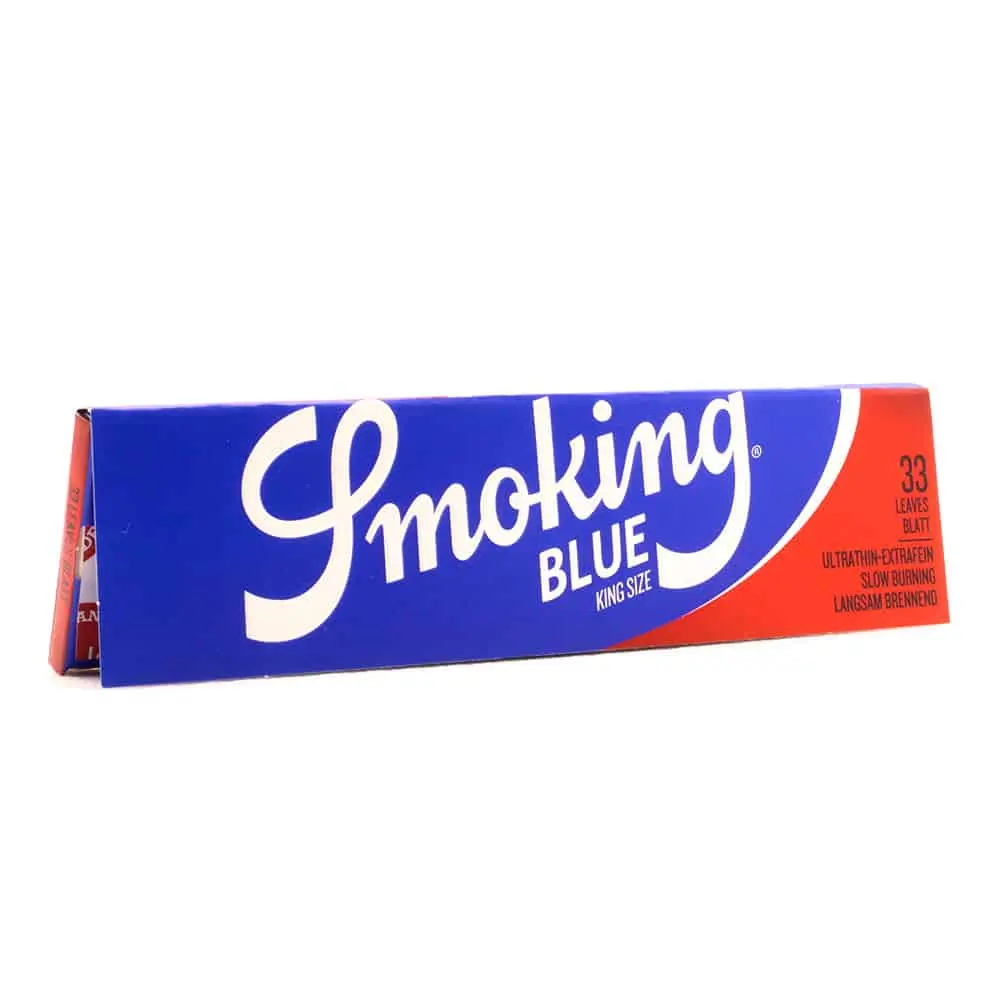 A pack of blue and red Rolling sheets labeled "33 leaves" on the front.