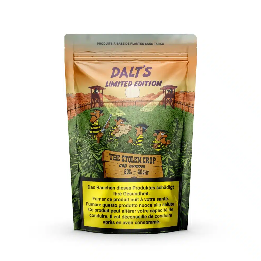 A resealable pouch labeled "CBD flowers Outdoor Stolen Crop -" shows illustrated guards shielding cannabis plants, with multilingual health warnings at the bottom.
