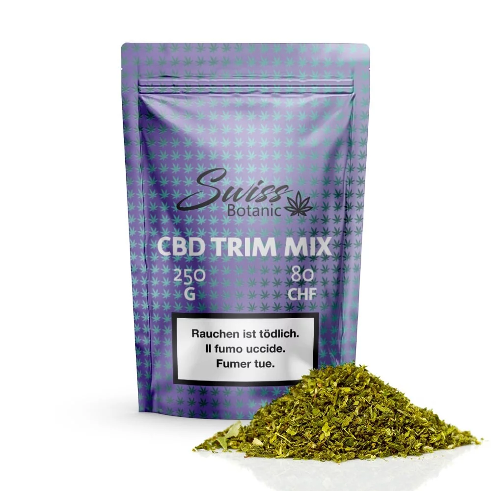 A bag of CBD Outdoor Trim Mix 250g on white background in cbd france.