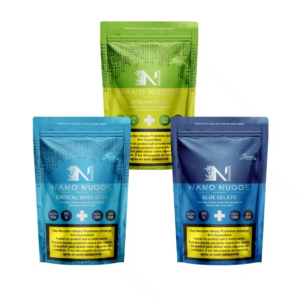 Three Pack Indoor CBD Flowers Pack CBD Nano Nuggs—Afghan Kush (green), Critical Sensi Star (blue-green), and Glue Gelato (blue)—each display <0.3% THC, product info, and health warnings.