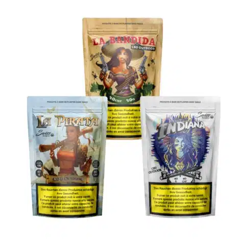 Le pack extérieur fleurs de cbd cbd - 0,3 % thc comprend trois sachets refermables colorés - la bandida, la pirata et indiana - chacun avec des femmes illustrées sur l'emballage pour une collection vibrante.