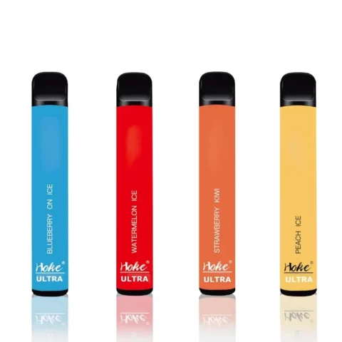 Four hoke ultra 2500 puff 0% nicotine e - cigarettes with cbd, cbd france, on white background.