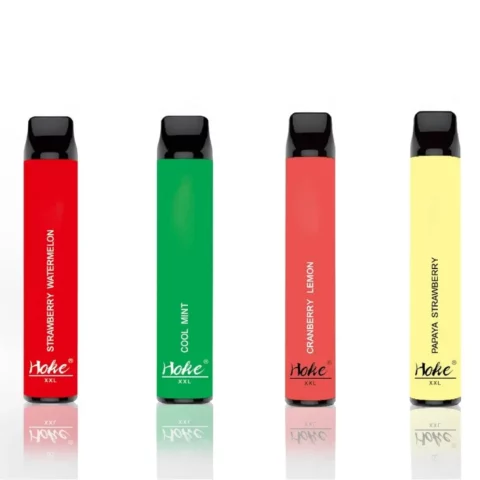 Four hoke xxl 1600 puff 0% nicotine in different colors on a white background, available for cbd purchase in france.