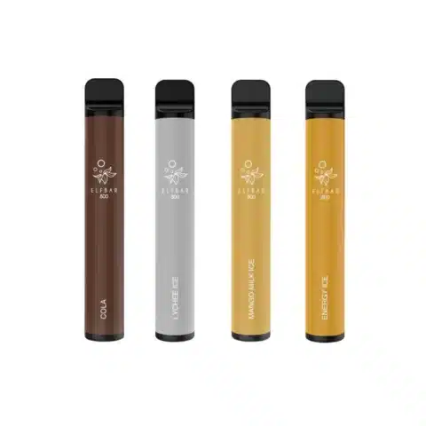 Cuatro elfbar 800 puff de diferentes colores con un 2% de nicotina sobre fondo blanco, disponibles para comprar en francia.