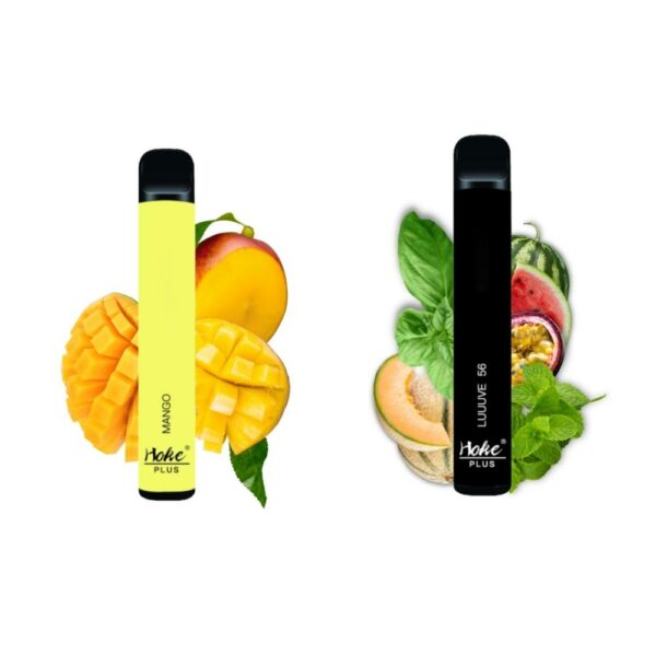 Un e-cigarrillo hoke plus 800 puff 0 o 2% nicotina amarillo y negro junto a un mango y un plátano a la venta en francia.