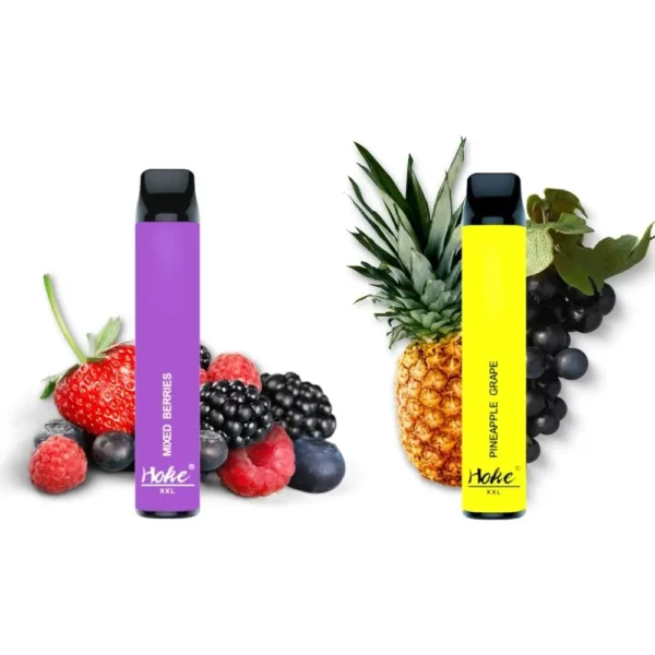 Une e-cigarette hoke xxl 1600 puff 0% nicotine aromatisée violet et jaune à côté d'une baie achetée dans un magasin de cbd en france.