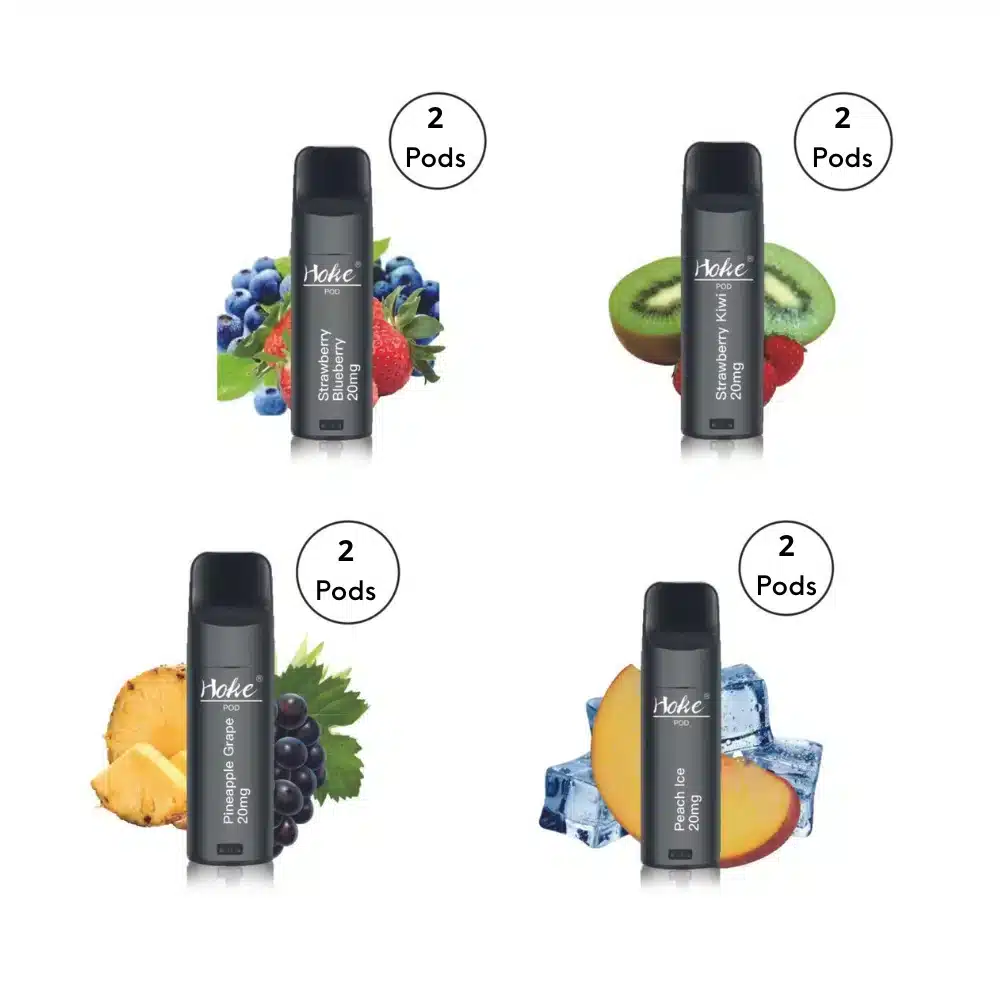Four different flavors of Hoke Pods (2 Pods) 800 Puff 2% nicotine, including CBD oil, are presented on a white background.