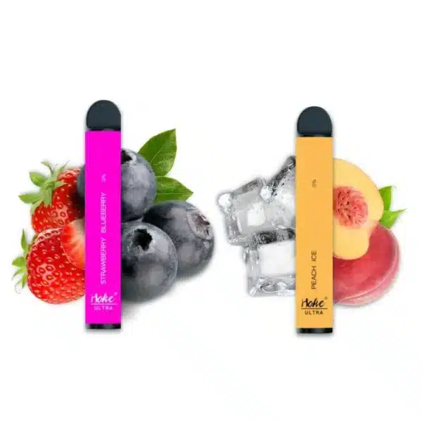 Two hoke ultra 2500 puff e-cigarettes with fruit and ice, available to buy in france.