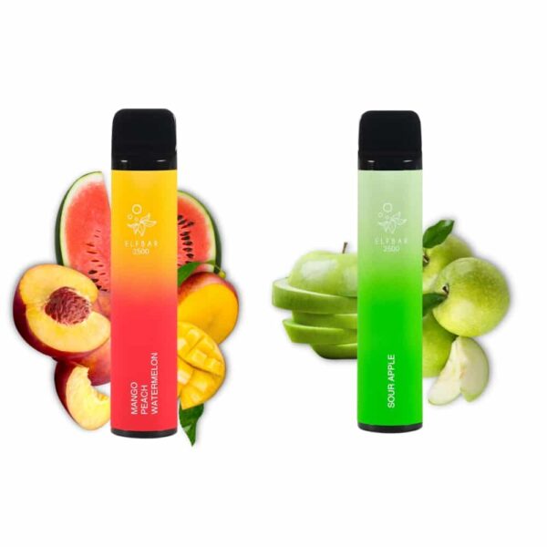 An elfbar 2500 puff 2% nicotine and an elfbar 2500 puff 2% nicotine, available to buy in france, are side by side.