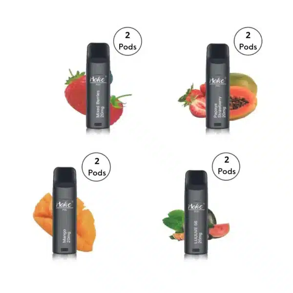 Four different types of fruit-flavoured hoke pods (2 pods) with 800 puffs and 2% nicotine.