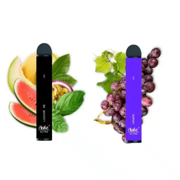A blue and purple cbd-infused hoke ultra 2500 puff with 0% nicotine, alongside watermelon and grapes.