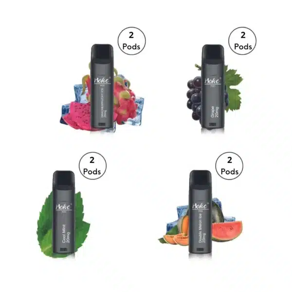 Four different types of hoke pods (2 pods) with fruit and vegetables, containing 2% nicotine and cbd.