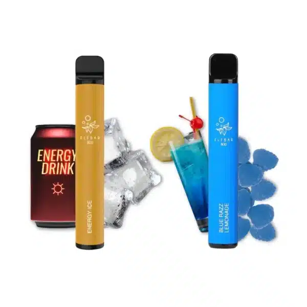 Un e-líquido elfbar 800 puff 2% nicotina y una lata de refresco junto a un e-cigarrillo azul comprado en francia.