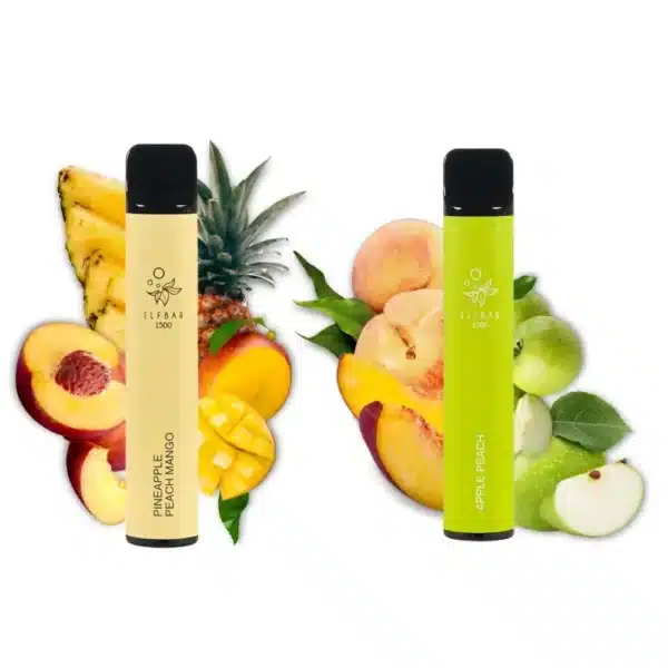 Deux types différents d'e-cigarettes elfbar 1500 puff aux fruits, disponibles à l'achat en france.