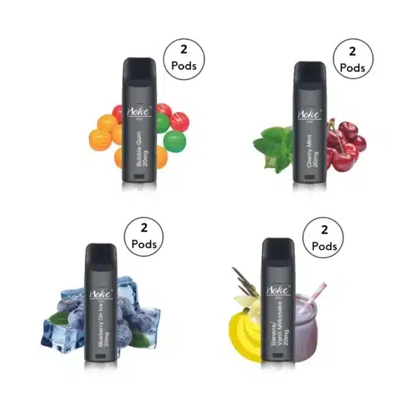 Two hoke pods (2 pods) 800 puff 2% nicotine are presented on a white background, with cbd.