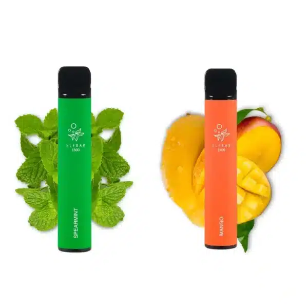 Elfbar 1500 puff with mango and mint leaves, available in france.