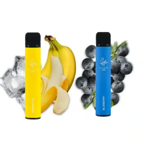 Un elfbar 1500 puff 2% nicotina azul y amarillo con arándanos y hielo, disponible para comprar en francia con cbd.