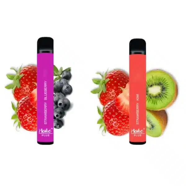 Two e-liquids, a hoke plus 800 puff at 0% nicotine and one at 2% nicotine, placed side by side.