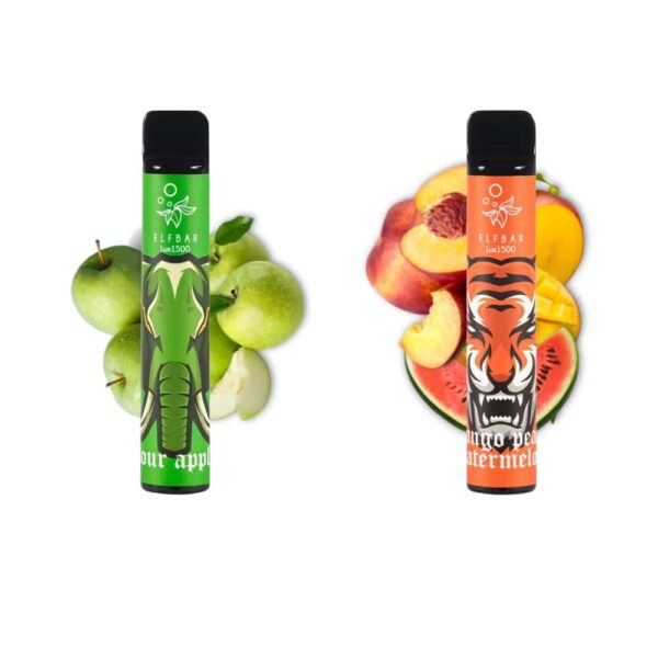 Limited edition e-liquid bottles with fruit and tiger motifs, containing 2% nicotine.