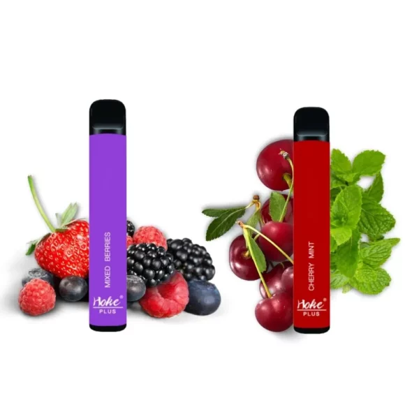 Deux e-cigarettes hoke plus 800 puff 0 ou 2% de nicotine avec des baies et des baies côte à côte, disponibles à l'achat en france.