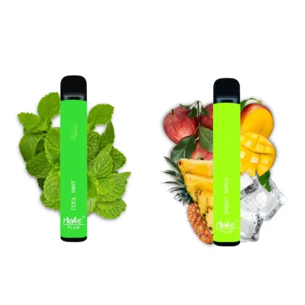 Un cigarrillo electrónico hoke plus 800 puff verde de menta y fruta, disponible en francia, que contiene aceite de cbd.