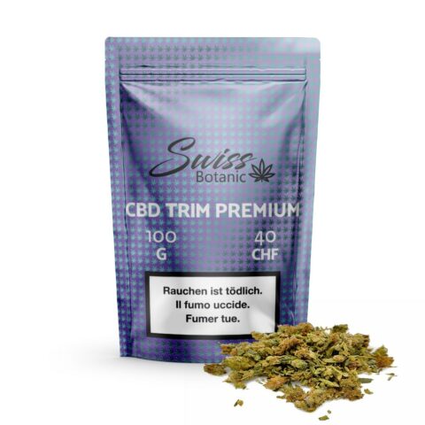 A 100g bag cbd trim premium indoor cbd flowers on a white background, available for purchase in france.