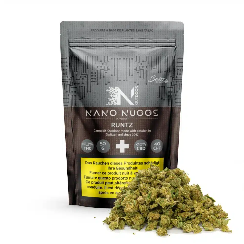 A CBD flowers outdoor Nano Nuggs - Runtz - package with buds piled in front, displaying THC and CBD percentages, price, and a multilingual health warning on the packaging.