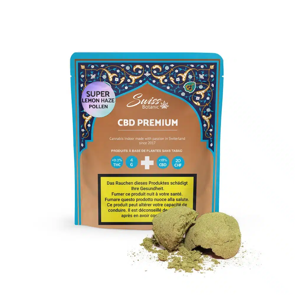 A pouch labeled "Super Lemon Haze Pollen CBD Premium" is shown next to two piles of greenish powder. The packaging includes English product details and a health warning in German.
