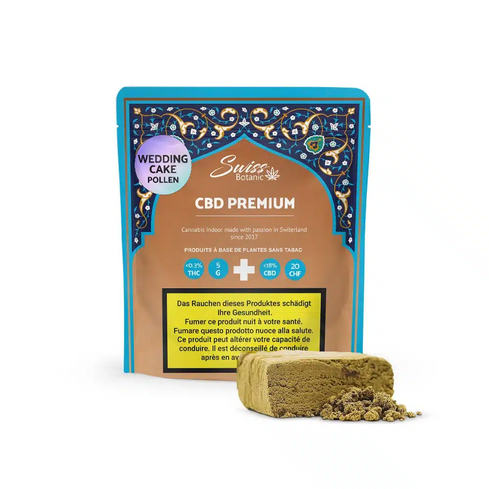 A package labeled "Wedding Cake Pollen CBD Premium" is shown with a block and crumbles of the product in front, displaying details and health warnings in multiple languages.