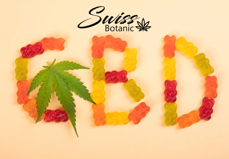 Bonbons au cbd 5 Le mot cbd est entouré d’oursons gommeux et d’une feuille.