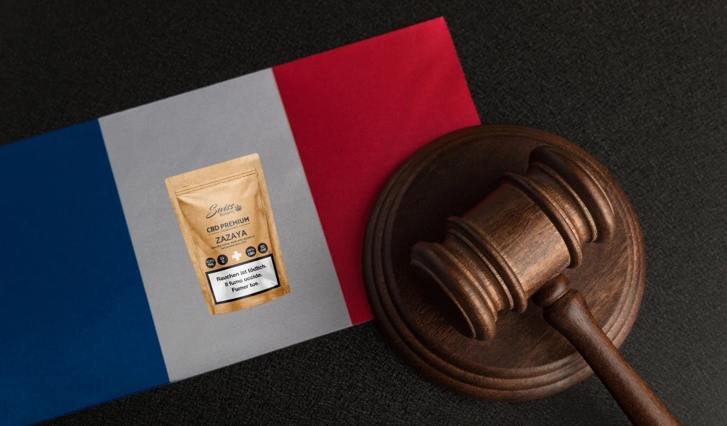 A gavel sits on top of a flag of france.