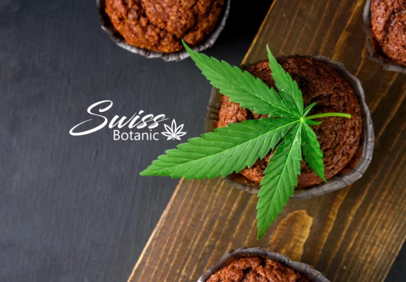 Cbd cake: a fusion of flavour and well-being 2 Cbd brownies on a wooden cutting board with a cannabis leaf.