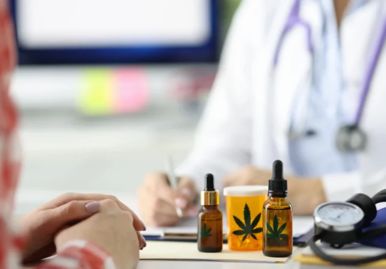 A woman is sitting at a desk with a stethoscope and cbd oil.
