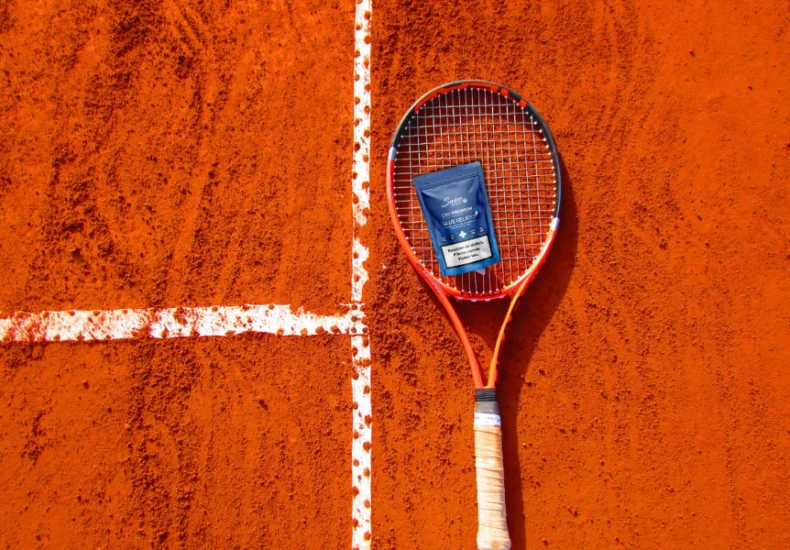 Une raquette de tennis sur un court de tennis.