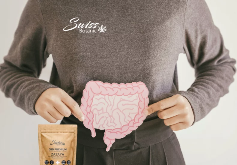 Cbd and digestion: a natural solution for digestive comfort 7 A woman is holding a bag with a picture of a woman's stomach.