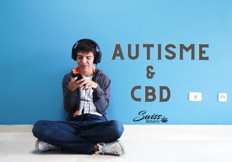 Une personne assise par terre contre un mur bleu, portant des écouteurs et regardant un téléphone portable avec le texte "autisme & cbd" à côté d'un logo indiquant "swiss botanic".