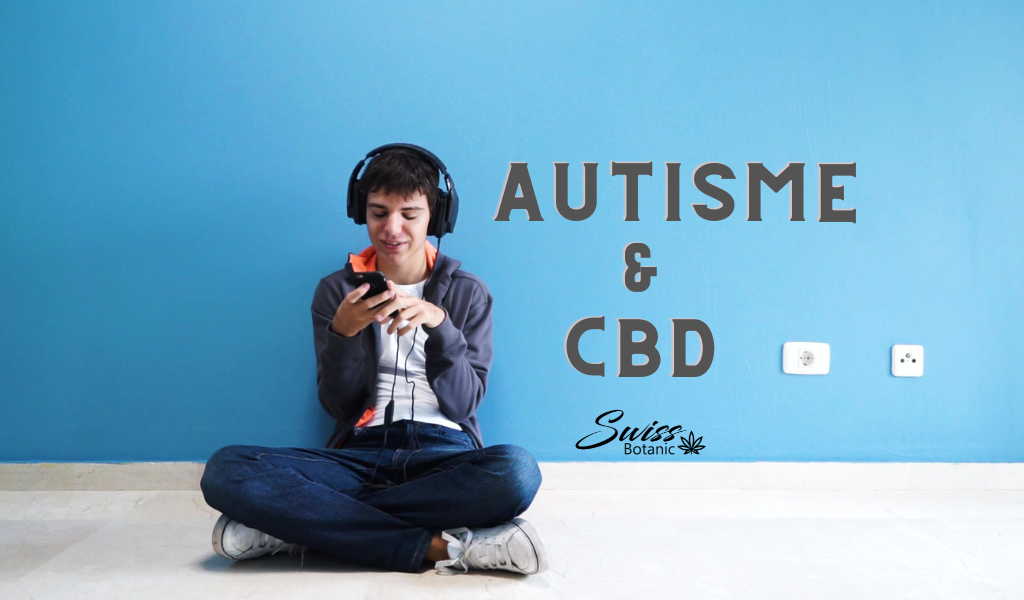 Una persona sentada con las piernas cruzadas contra una pared azul, usando auriculares y mirando un teléfono móvil con las palabras "autisme & cbd" y el logo "swiss botanic".