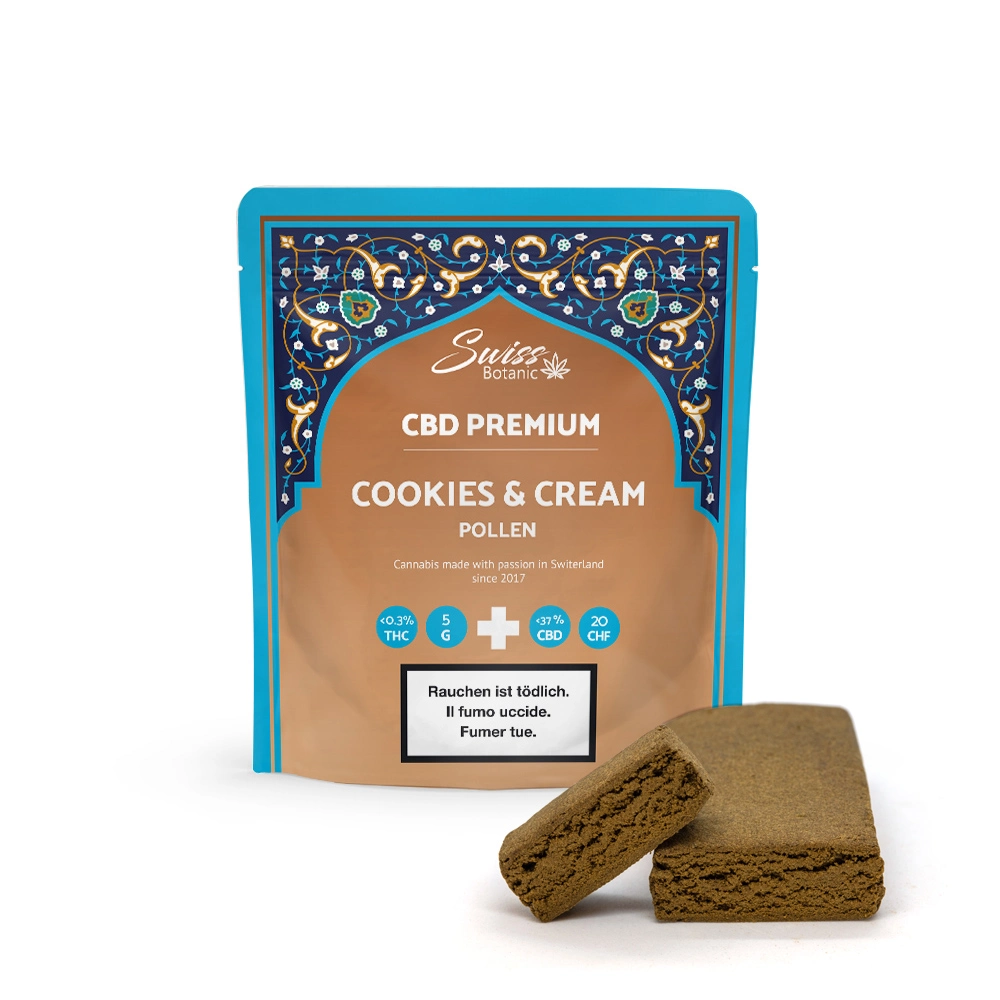 Paquete de polen CBD Premium Cookies & Cream con un diseño intrincado, que muestra el contenido de THC y CBD, junto con dos piezas del producto.