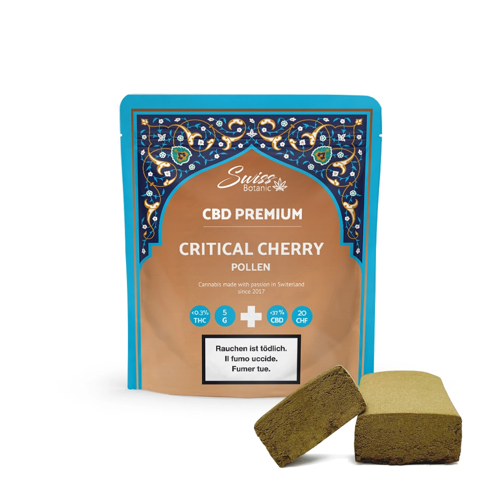 Se muestra un paquete de polen de cereza Critical Premium CBD de Swiss Botanic. El paquete muestra los porcentajes de THC, CBD y CBG, junto con advertencias sanitarias en tres idiomas.