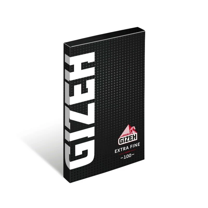A black Gizeh extra fine rolling papers packet, showing the brand name vertically and a red logo.