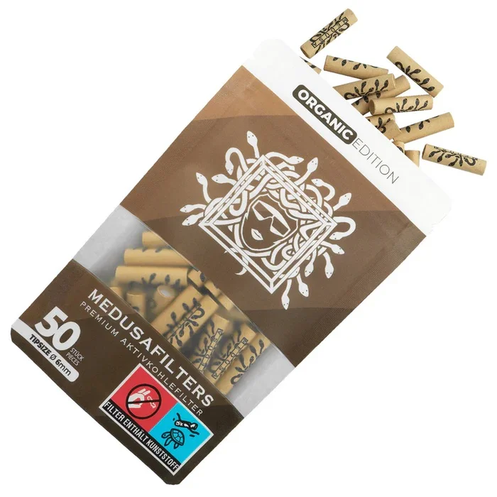 A pack of 50 organic Medusafilters with an open top, revealing filters decorated with black patterns inside. The packaging has a Medusa design and is labeled "Organic Edition.